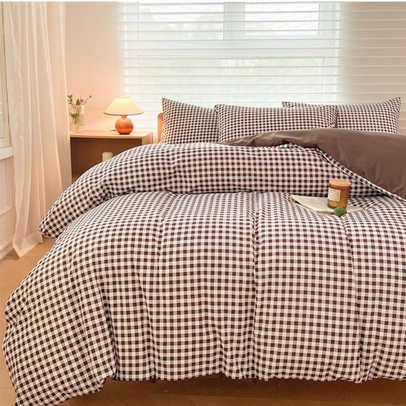 Mocha Gingham Duvet Cover Set Queen, Dark Tan Grid Simple Geometric Square - Picture 1 of 3